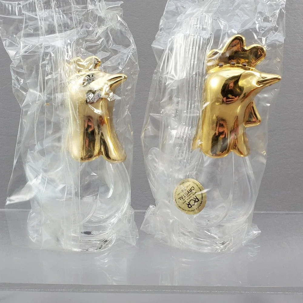 Rooster Hen Salt & Pepper Shakers Royal Crystal Rock RCR Crystal Gold Italy